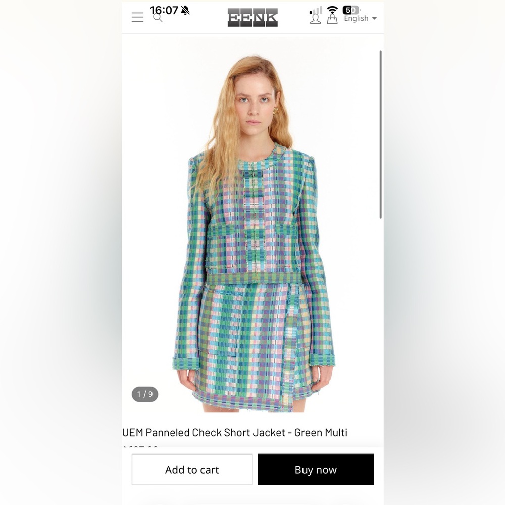 EENK Green and Blue Panneled Check jacket skirt set size S